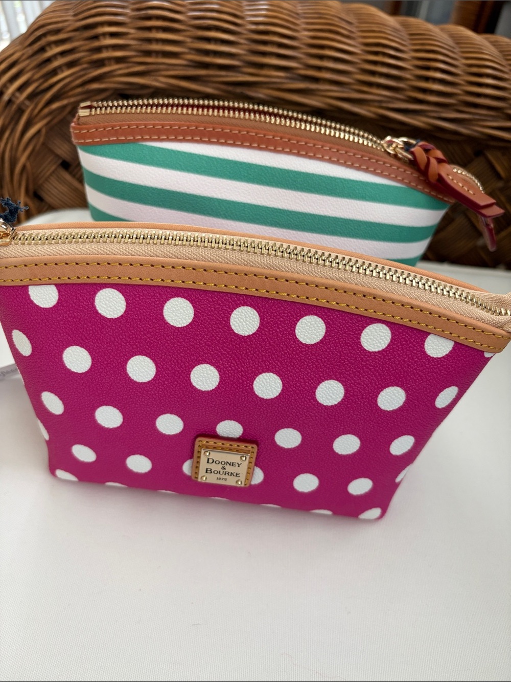 Dooney & Bourke Green Stripe and Pink Polka Dot Cosmetic Bag